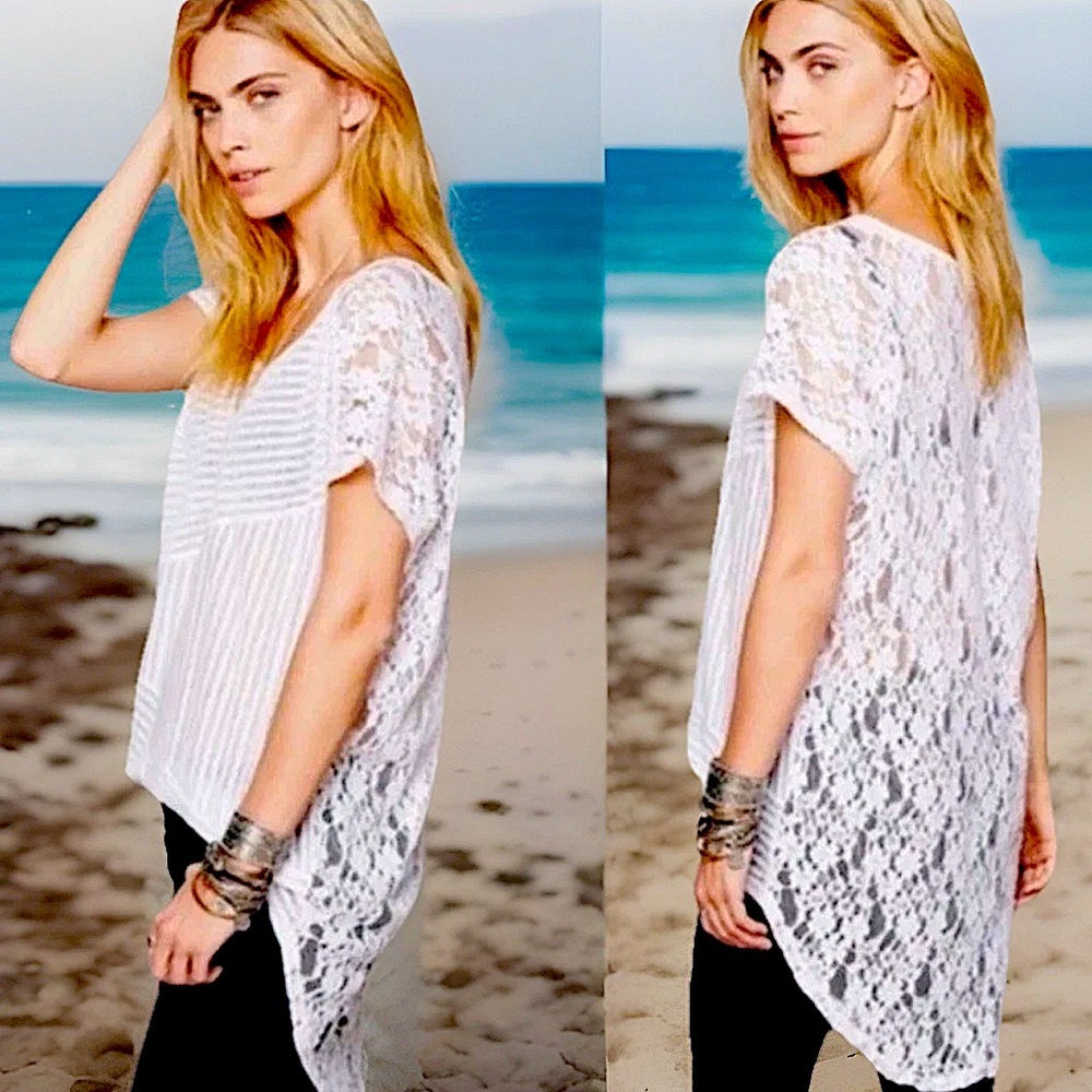 🌸FREE PEOPLE🌸 HIGH LOW STRIPED LACE FLARED CAP SLEEVE TOP EUC💗